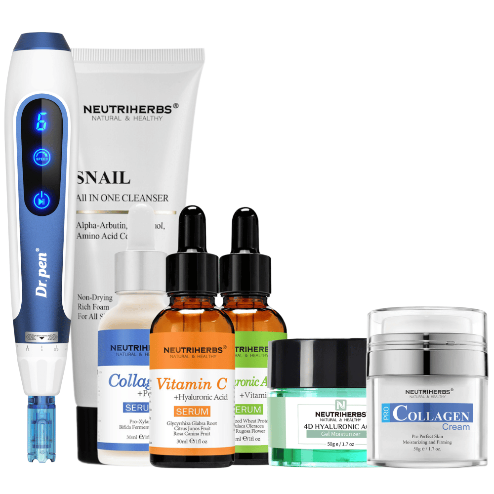Complete Skin Renewal Kit s Dr. Pen A11, Neutriherbs Snail Cleanser, tromi sérami, 4D Hyaluronic Acid Gel Moisturizer a Pro Collagen Cream.