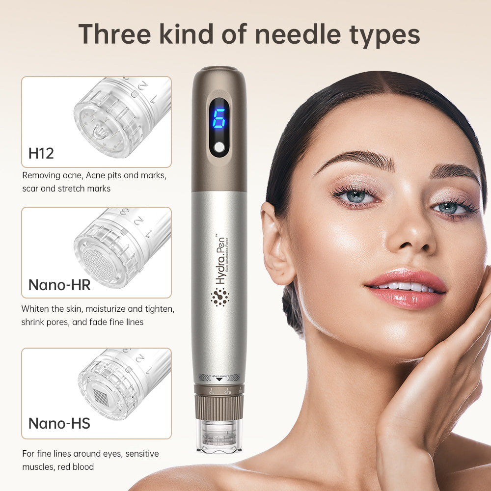 HydraPen H3 s tromi rôznymi typmi ihiel – H12 na jazvy a akné, Nano-HR na obnovu pokožky a zmenšenie pórov a Nano-HS na citlivé oblasti okolo očí.