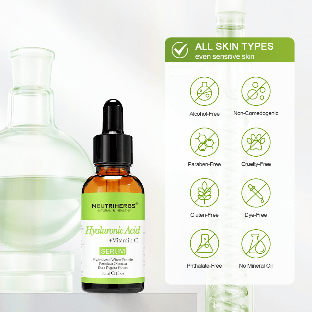 Neutriherbs Hyaluronic Acid + Vitamin C Serum 30 ml pre všetky typy pleti, aj citlivú pleť. Hydratačné pleťové sérum bez alkoholu, parabénov, minerálneho oleja alebo farbív, ktoré posilňuje kožnú bariéru a dodáva pleti jas.