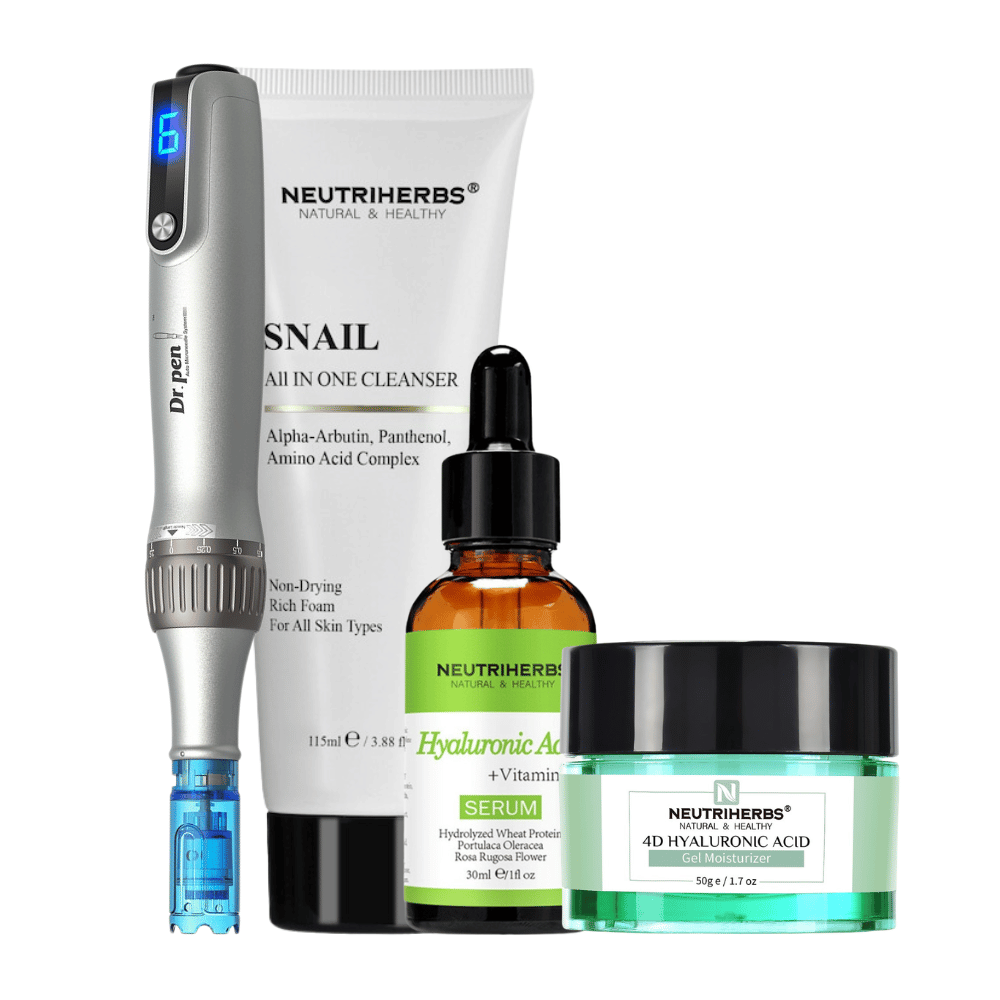 Microneedling Starter Kit s Dr. Pen M8S, Neutriherbs Snail Cleanser, Hyaluronic Acid Serum a 4D Hyaluronic Acid Gel Moisturizer.