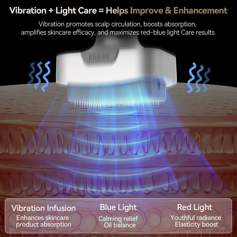 Bio Pen Bio 6 som kombinerar vibrationsterapi och blå/röd LED-ljusbehandling för förbättrad produktabsorption, lugnande effekt och ökad elasticitet.