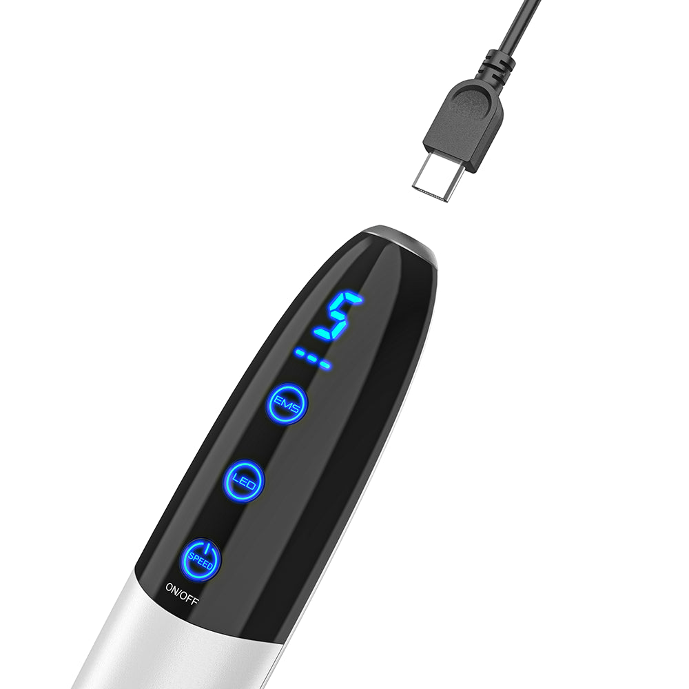 Bio Pen Q1S microneedling-penna med USB-C-laddning och belysta LED- och EMS-funktioner för avancerad hudbehandling.