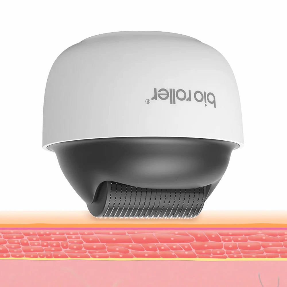 Bio Roller G4 microneedling-roller, ktorý ukazuje, ako mikroihelky prenikajú povrchom pokožky na stimuláciu kolagénu a zlepšenie štruktúry pokožky.