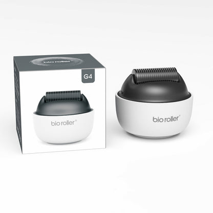 Bio Roller G4 microneedling-roller spolu s balením produktu, navrhnutý pre ošetrenie tváre, omladenie pokožky a zlepšenú absorpciu séra.