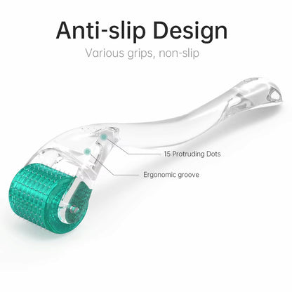 Dermaroller DRS 192 s protišmykovým dizajnom, ergonomickou rukoväťou a 15 úchopovými bodmi pre stabilné a bezpečné microneedlingové ošetrenie.