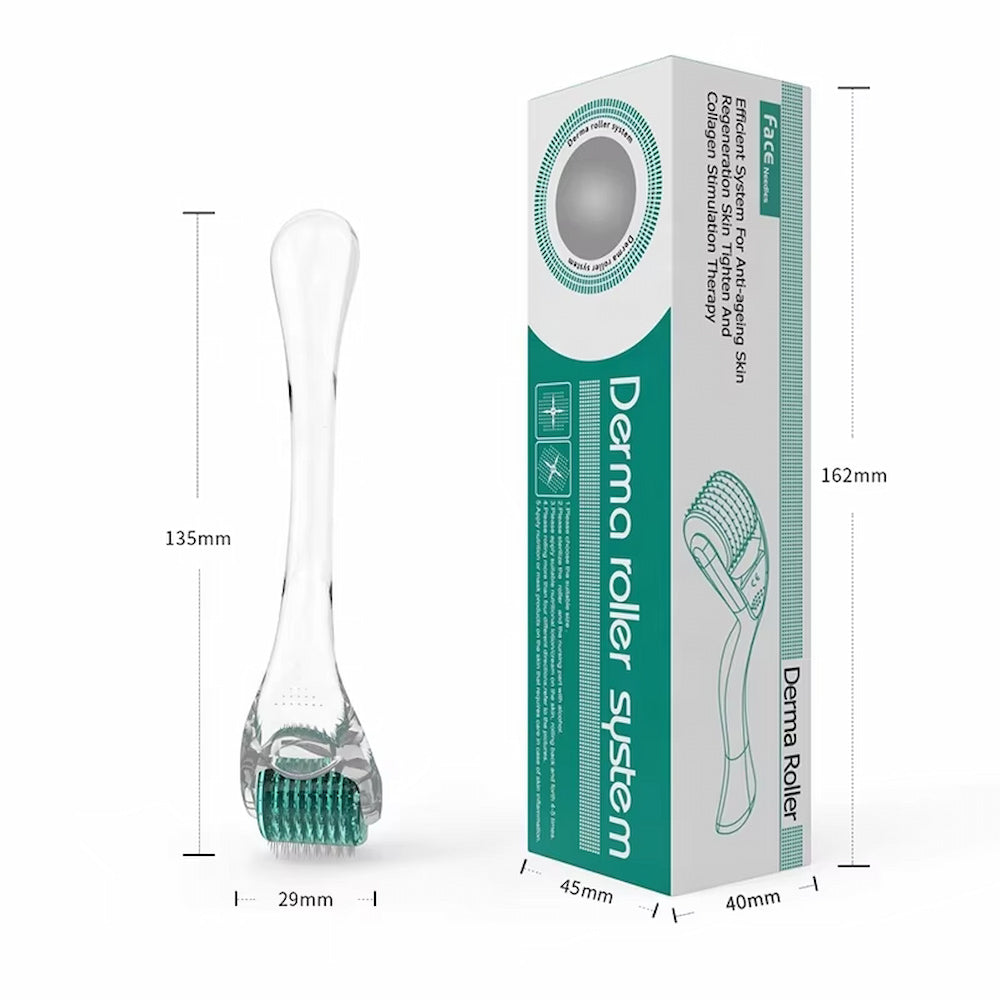 Dermaroller DRS 192 s jasnými mierkami a originálnym balením, zobrazuje dĺžku, šírku a veľkosť pre microneedlingový nástroj.