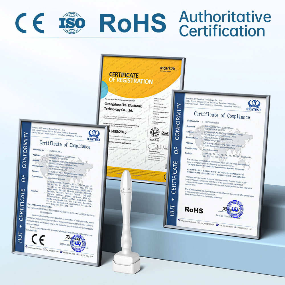 Certifikácie pre Dermastamp DRS 140A vrátane CE, ISO a RoHS, ktoré preukazujú bezpečnosť a kvalitu produktu.