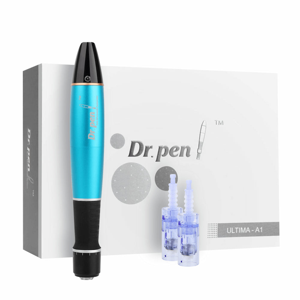 Dr. Pen Ultima A1 microneedling-pero v modrej farbe s dvoma sterilnými hlavicami a originálnym balením – profesionálna súprava microneedling pre omladenie pleti.