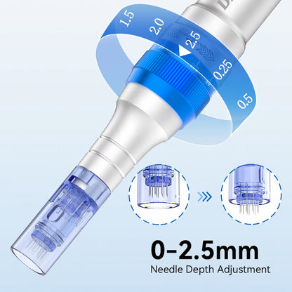 Dr. Pen A6 s modrou náplňou, ktorá ukazuje nastaviteľnú hĺbku ihly od 0 do 2,5 mm pre prispôsobenú mikronáplň.