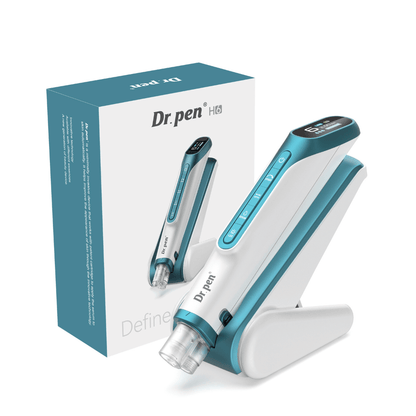 Dr. Pen H6 microneedlingové pero s digitálnym displejom, príslušným stojanom a originálnym balením.