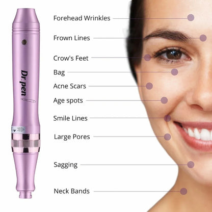 Dr. Pen M7 microneedling-pero, ktoré ukazuje bežné oblasti tváre na ošetrenie, vrátane vrások na čele, línií medzi obočím, vrások okolo očí, vakov pod očami, jaziev po akné, pigmentových škvŕn, nasolabiálnych línií, veľkých pórov, ochabnutia pokožky a línií na krku.