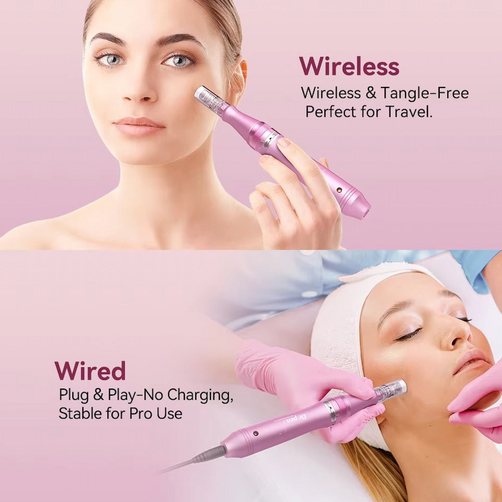 Žena používa ružové, bezdrôtové Dr. Pen M7 microneedling-pero na pokožke. Text opisuje, že je bezdrôtové, bez zamotávania a ideálne na cestovanie. Dolný obrázok: Ošetrovateľ vykonáva ošetrenie tváre na zákazníkovi s káblovou verziou toho istého pera, ktoré poskytuje stabilnú prevádzku bez potreby nabíjania.