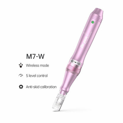 Dr. Pen M7-W bezdrôtové microneedling-pero v ružovej farbe s piatimi rýchlostnými úrovňami a kalibráciou proti šmyku pre profesionálne ošetrenie pokožky.