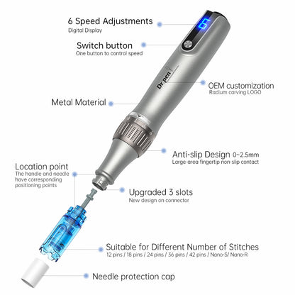 Dr. Pen microneedling-pero s digitálnym rýchlostným displejom, ihlovým modulom, protišmykovým dizajnom a nastaviteľnou hĺbkou ihly až do 2,5 mm.