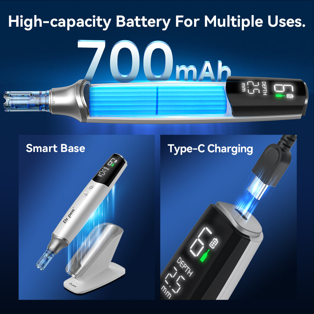 Dr. Pen M9 s výkonnou 700mAh batériou, nabíjaním USB-C a inteligentným nabíjacím stojanom pre bezdrôtový microneedling a dlhý čas používania.