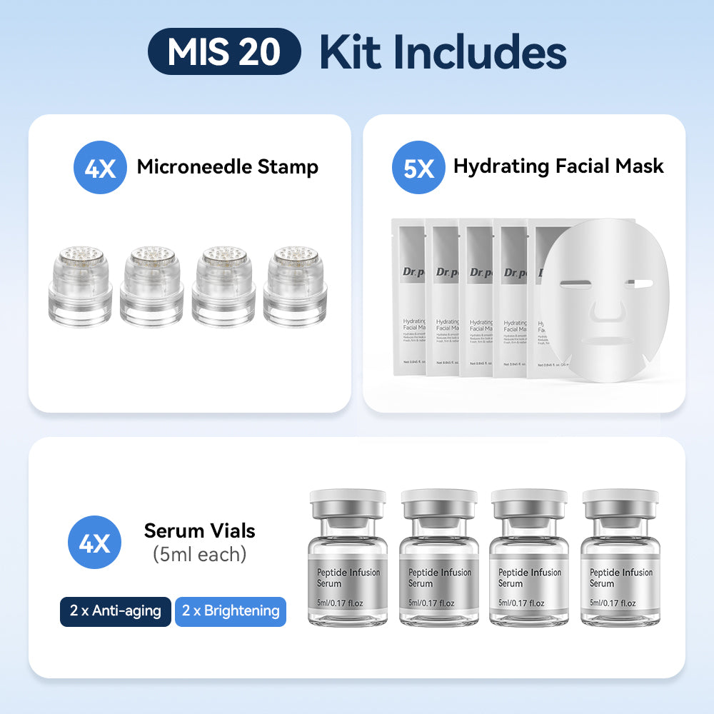 Dr. Pen MIS20 Micro-Infusion Kit so štyrmi microneedle stampami, piatimi hydratačnými pleťovými maskami a štyrmi 5 ml fľaštičkami séra – dve anti-age séra a dve séra pre zjednotenejšiu a žiarivejšiu pleť.
