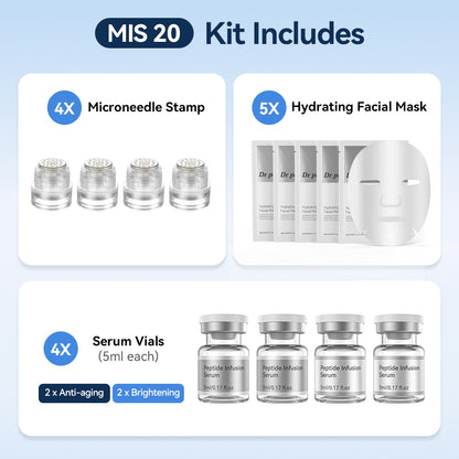 Dr. Pen MIS20 Micro-Infusion Kit so štyrmi microneedle stampami, piatimi hydratačnými pleťovými maskami a štyrmi 5 ml fľaštičkami séra – dve anti-age séra a dve séra pre zjednotenejšiu a žiarivejšiu pleť.