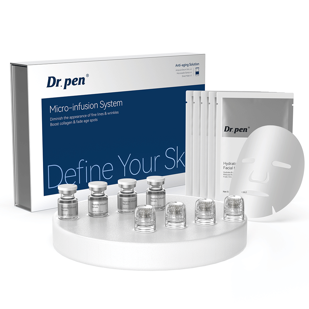 Dr. Pen MIS20 Micro-Infusion System kompletná súprava starostlivosti o pleť s peptide infusion serum, micro-infusion aplikátormi a hydratačnými pleťovými maskami na ošetrenie jemných liniek, nerovnomerného tónu pleti a mdlej pleti.