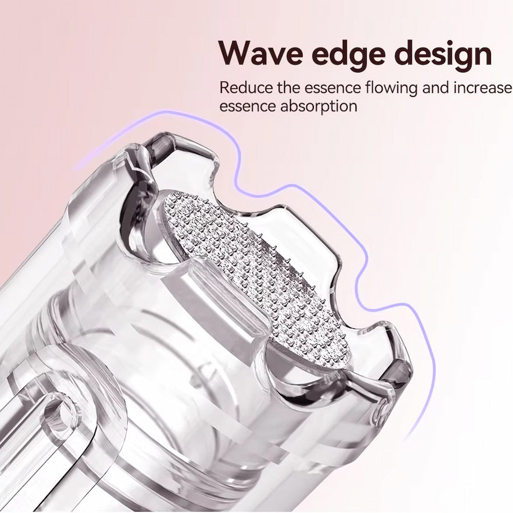Närbild av Dr. Pen nålhuvud med wave edge-design som minskar spill och förbättrar hudens absorption vid mikronålning.