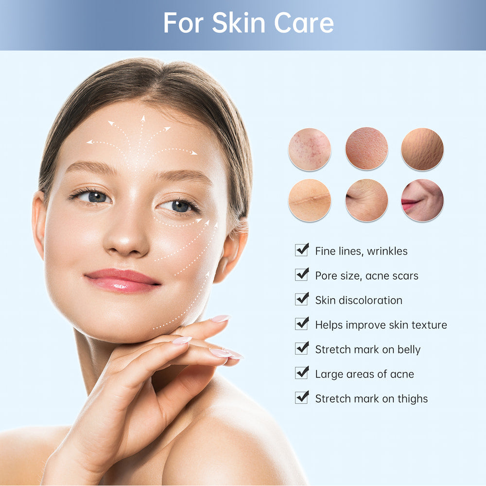 Illustration av kvinna med markerade pilar på ansiktet som visar hudvårdsområden samt små hudexempel bredvid och en lista över hudproblem som kan behandlas, såsom fina linjer, porer, akneärr och hudstruktur.