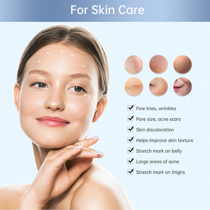 Illustration av kvinna med markerade pilar på ansiktet som visar hudvårdsområden samt små hudexempel bredvid och en lista över hudproblem som kan behandlas, såsom fina linjer, porer, akneärr och hudstruktur.