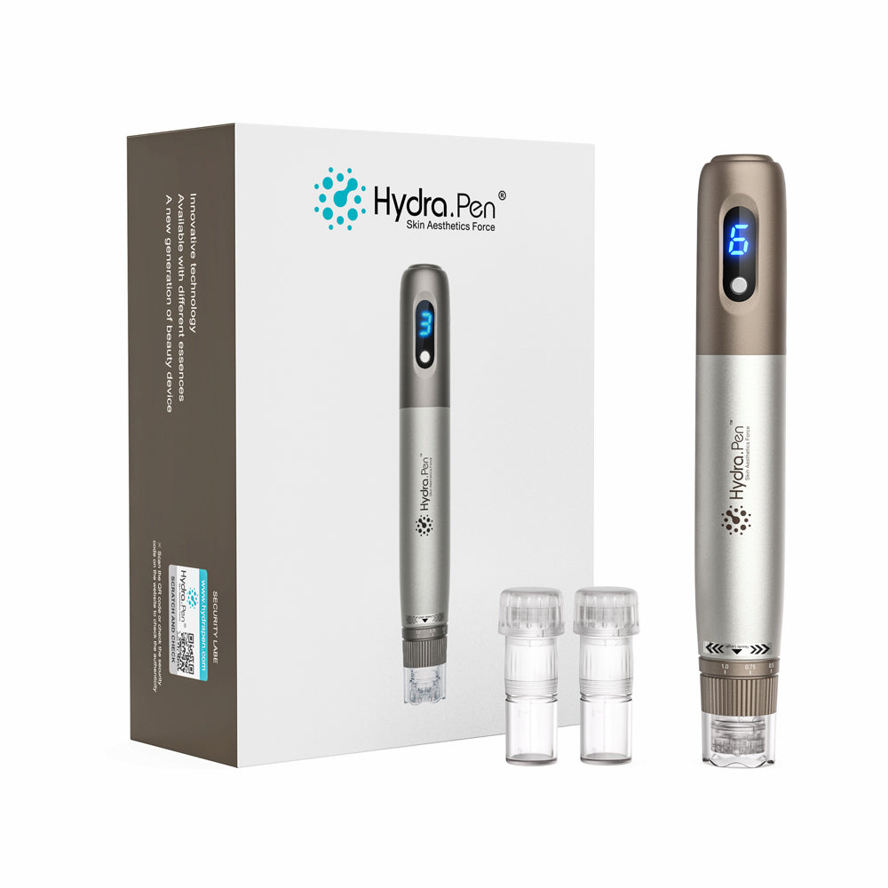 HydraPen h3 microneedling-pero s LED displejom rýchlosti, dvoma ihlovými kazetami a balením – profesionálne zariadenie na ošetrenie pokožky a aplikáciu séra.