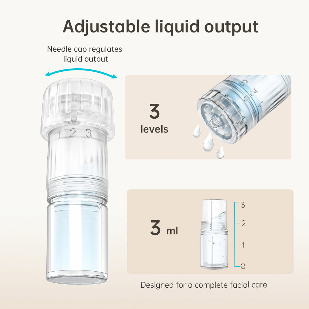 HydraPen H3 ihlová hlava s nastaviteľným dávkovaním tekutiny v troch úrovniach a 3 ml nádobka pre presné a kompletné ošetrenie tváre.