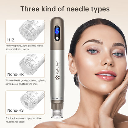 HydraPen H3 s tromi rôznymi typmi ihiel – H12 na jazvy a akné, Nano-HR na obnovu pokožky a zmenšenie pórov a Nano-HS na citlivé oblasti okolo očí.