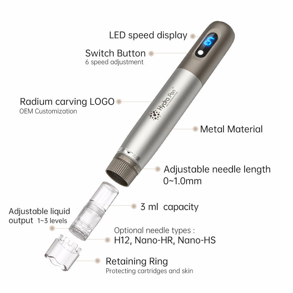 HydraPen h3 s LED displejom rýchlosti, 6 rýchlosťami, nastaviteľnou dĺžkou ihiel 0–1,0 mm, 3 ml nádobkou na tekutiny, nastaviteľným výstupom tekutiny a kompatibilnými typmi ihiel H12, Nano-HR a Nano-HS.
