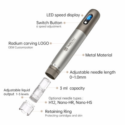HydraPen h3 s LED displejom rýchlosti, 6 rýchlosťami, nastaviteľnou dĺžkou ihiel 0–1,0 mm, 3 ml nádobkou na tekutiny, nastaviteľným výstupom tekutiny a kompatibilnými typmi ihiel H12, Nano-HR a Nano-HS.