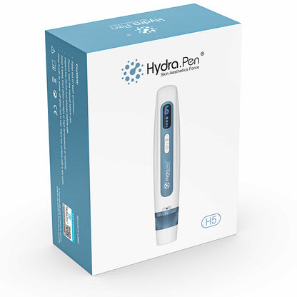 HydraPen H5 balenie, ktoré ukazuje biele a modré microneedling-pero pre infúziu séra a pokročilé ošetrenie pokožky.