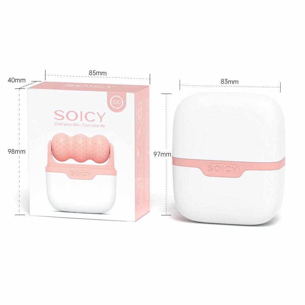 Ice Roller Soicy S30 s produktovou krabicou a rozmermi – ružový a biely tvárový valček v kompaktnom úložnom puzdre.