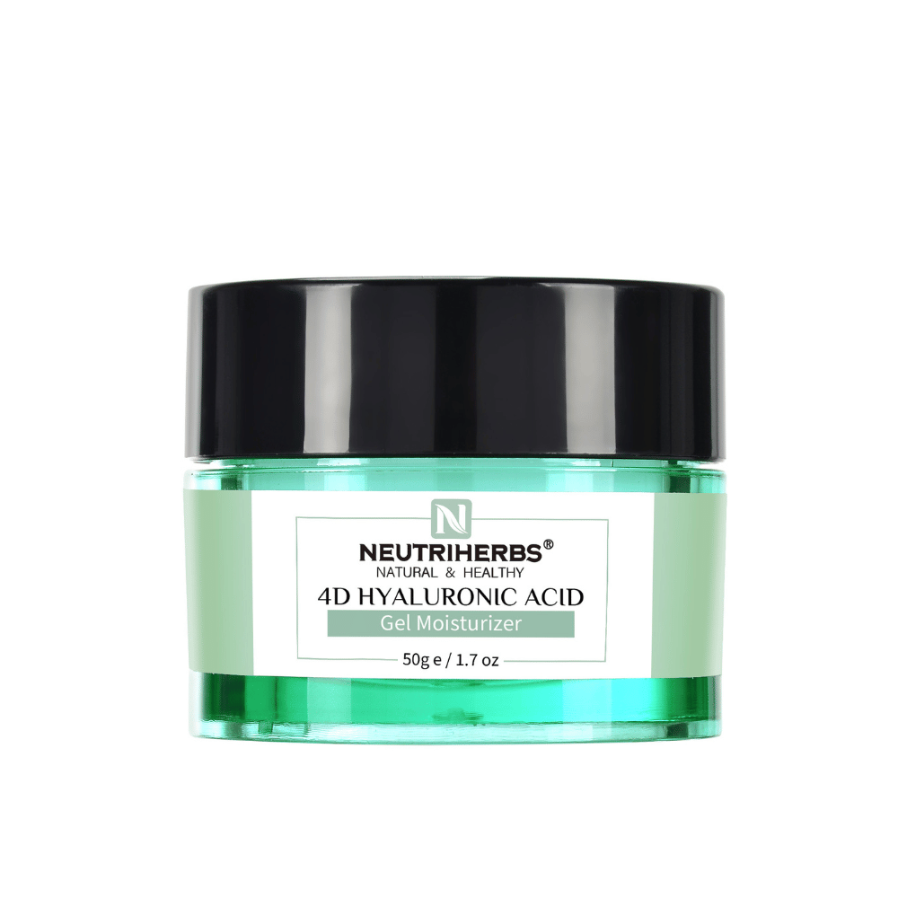 Neutriherbs 4D Hyaluronic Acid Gel Moisturizer 50 g v zelenom tégliku. Ľahký gélový krém so 4D kyselinou hyalurónovou, ktorý hydratuje pokožku na viacerých úrovniach, pomáha posilňovať kožnú bariéru a zanecháva pleť jemnú, pružnú a sviežu bez mastného pocitu.