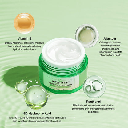 Neutriherbs 4D Hyaluronic Acid Gel Moisturizer 50 g s ilustráciou aktívnych zložiek. Krém obsahuje 4D kyselinu hyalurónovú pre dlhodobú hydratáciu, ako aj vitamín E, panthenol a allantoín, ktoré pomáhajú hydratovať, upokojovať pokožku a posilňovať jej ochrannú bariéru.
