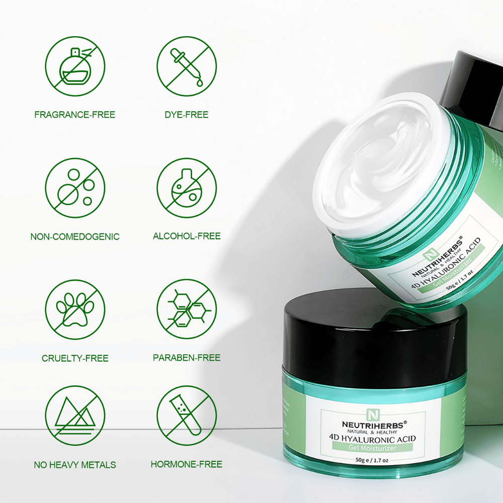 Neutriherbs 4D Hyaluronic Acid Gel Moisturizer 50 g s ilustráciou vlastností produktu. Gélový krém je bez parfumácie, bez alkoholu, bez farbív, nekomedogénny, bez parabénov a cruelty-free, ako aj bez ťažkých kovov a hormónov, čo ho robí šetrným pre všetky typy pleti, vrátane citlivej pleti.