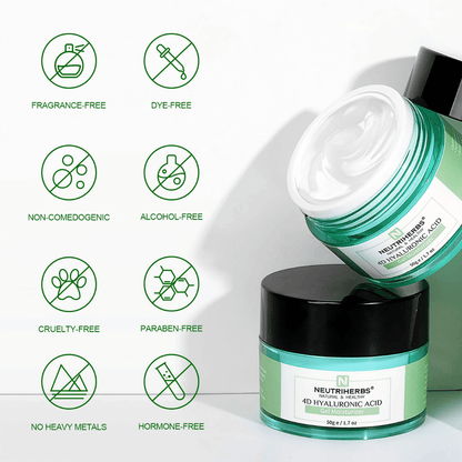Neutriherbs 4D Hyaluronic Acid Gel Moisturizer 50 g s ilustráciou vlastností produktu. Gélový krém je bez parfumácie, bez alkoholu, bez farbív, nekomedogénny, bez parabénov a cruelty-free, ako aj bez ťažkých kovov a hormónov, čo ho robí šetrným pre všetky typy pleti, vrátane citlivej pleti.