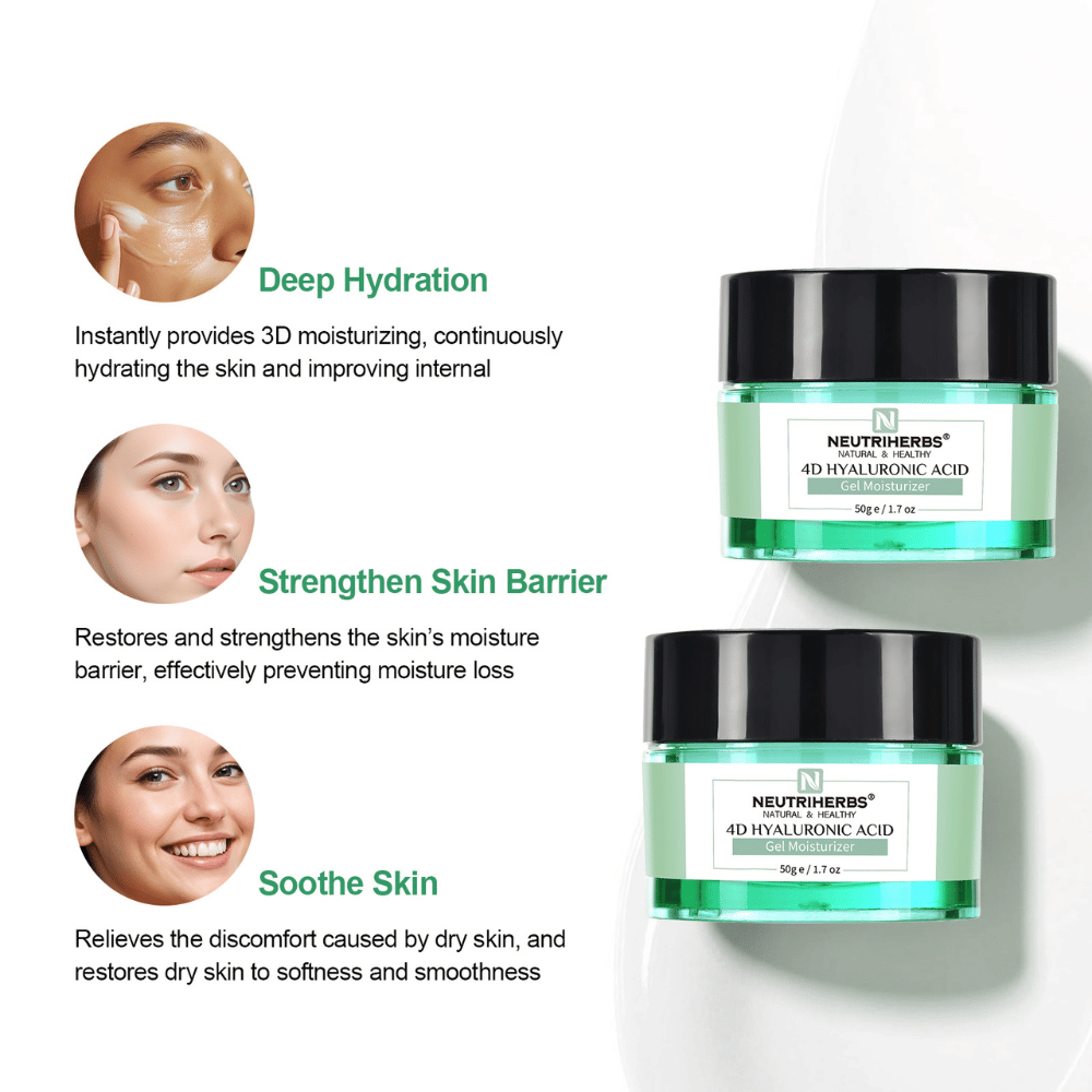 Neutriherbs 4D Hyaluronic Acid Gel Moisturizer 50 g s ilustráciou hlavných výhod produktu. Gélový krém poskytuje intenzívnu hydratáciu, pomáha posilňovať ochrannú bariéru pokožky a upokojuje suchú a citlivú pleť pre jemnejší a pružnejší pocit pokožky.