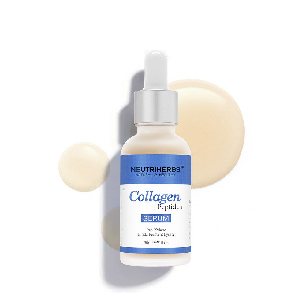 Neutriherbs Collagen + Peptides Serum 30 ml na bielom pozadí s dekoratívnymi kolagénovými bublinkami. Hydratačné a spevňujúce pleťové sérum, ktoré pomáha zlepšovať elasticitu pleti a znižovať viditeľné jemné linky.