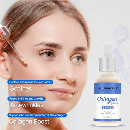 Žena aplikuje Neutriherbs Collagen + Peptides Serum 30 ml pipetou na tvár. Hydratačné sérum, ktoré pomáha posilňovať kožnú bariéru, zlepšovať elasticitu pleti a znižovať viditeľné jemné linky a vrásky.