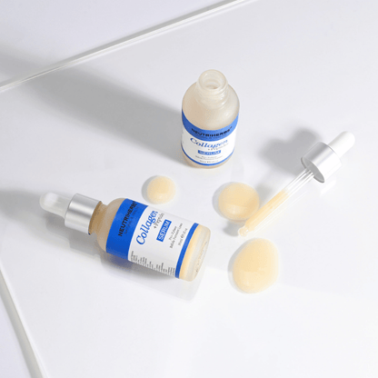 Neutriherbs Collagen + Peptides Serum 30 ml s otvorenou fľaštičkou, pipetou a textúrou séra. Detailný záber ukazuje hodvábne jemnú konzistenciu a praktický pipetový aplikátor na presné dávkovanie.