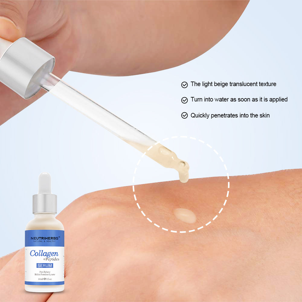 Detailný záber na Neutriherbs Collagen + Peptides Serum 30 ml aplikované pipetou na pokožku. Obrázok ukazuje ľahkú, rýchlo sa vstrebávajúcu konzistenciu séra, ktorá hydratuje pleť bez pocitu lepkavosti.
