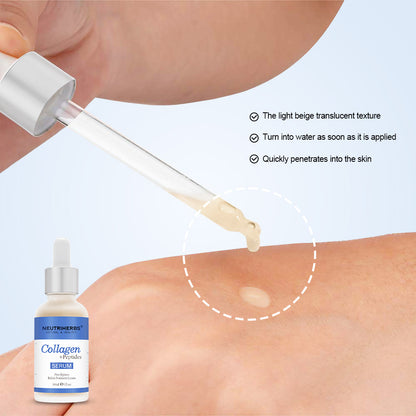 Detailný záber na Neutriherbs Collagen + Peptides Serum 30 ml aplikované pipetou na pokožku. Obrázok ukazuje ľahkú, rýchlo sa vstrebávajúcu konzistenciu séra, ktorá hydratuje pleť bez pocitu lepkavosti.