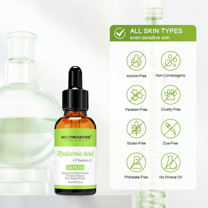 Neutriherbs Hyaluronic Acid + Vitamin C Serum 30 ml pre všetky typy pleti, aj citlivú pleť. Hydratačné pleťové sérum bez alkoholu, parabénov, minerálneho oleja alebo farbív, ktoré posilňuje kožnú bariéru a dodáva pleti jas.