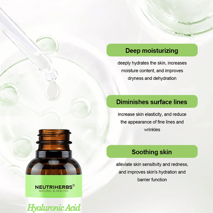 Neutriherbs Hyaluronic Acid + Vitamin C Serum 30 ml. Hydratačné pleťové sérum s kyselinou hyalurónovou a vitamínom C, ktoré poskytuje intenzívnu hydratáciu, upokojuje citlivú pokožku, posilňuje kožnú bariéru a pomáha redukovať jemné linky a vrásky.