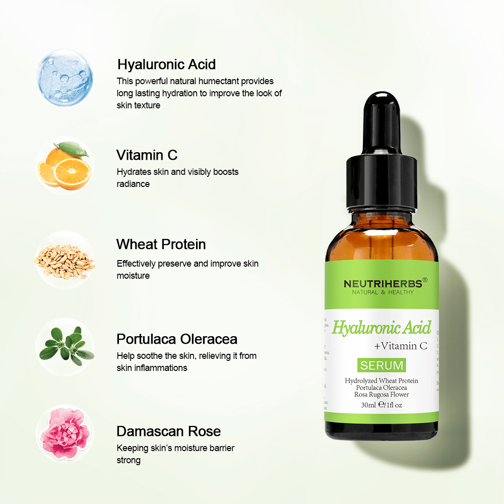 Neutriherbs Hyaluronic Acid + Vitamin C Serum 30 ml s kyselinou hyalurónovou, vitamínom C, hydrolyzovaným pšeničným proteínom, Portulaca Oleracea a damašskou ružou. Hydratačné pleťové sérum, ktoré posilňuje kožnú bariéru, upokojuje pokožku a dodáva jej viac jasu.