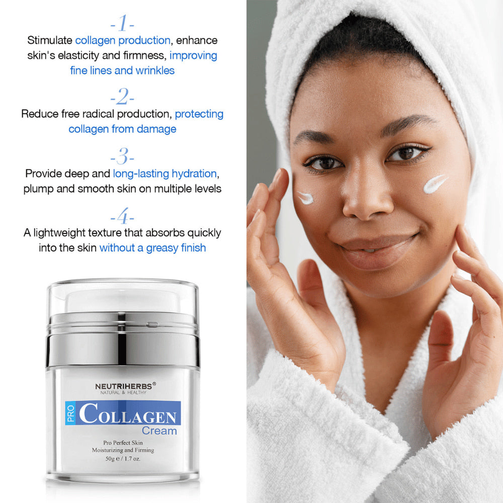 Neutriherbs Pro Collagen Cream 50 g hydratačný pleťový krém s kolagénom. Obrázok ukazuje krém aplikovaný na pokožku a vyzdvihuje vlastnosti produktu: stimuluje tvorbu kolagénu, prispieva k pevnejšej pleti, poskytuje dlhodobú hydratáciu a rýchlo sa vstrebáva bez mastného pocitu.