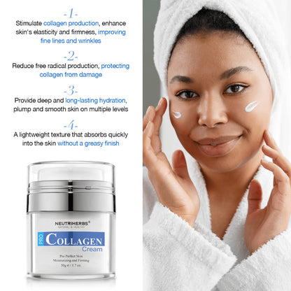 Neutriherbs Pro Collagen Cream 50 g hydratačný pleťový krém s kolagénom. Obrázok ukazuje krém aplikovaný na pokožku a vyzdvihuje vlastnosti produktu: stimuluje tvorbu kolagénu, prispieva k pevnejšej pleti, poskytuje dlhodobú hydratáciu a rýchlo sa vstrebáva bez mastného pocitu.