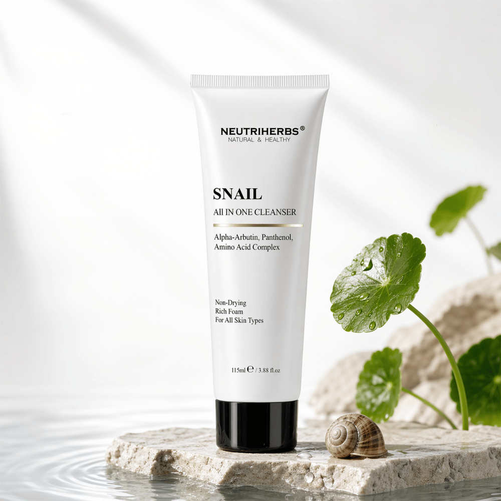 Neutriherbs Snail All In One Cleanser, prípravok na umývanie tváre so slimačím slizom, Alpha-Arbutínom a Panthenolom. Jemné čistenie, ktoré odstraňuje nečistoty a make-up, hydratuje pokožku a je vhodné pre všetky typy pleti.
