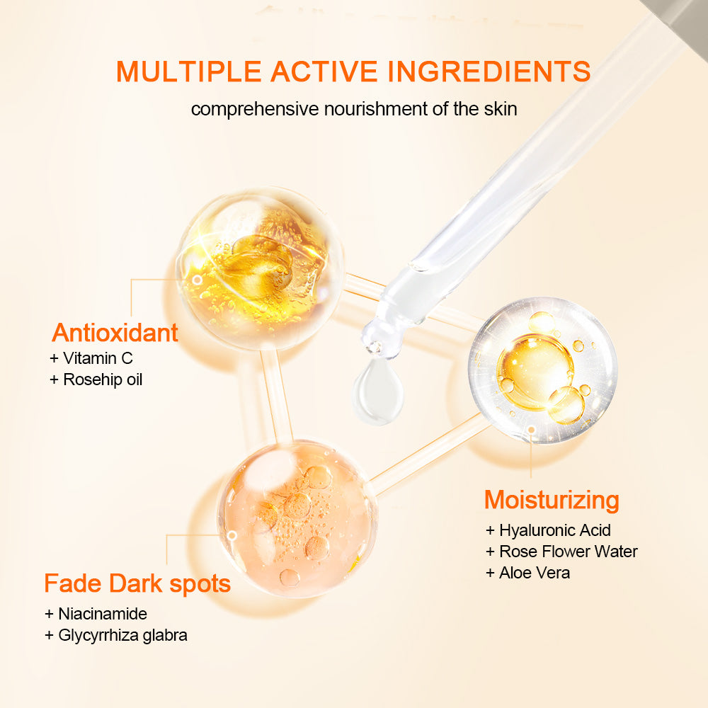 Ilustrácia zobrazujúca aktívne zložky v Neutriherbs Vitamin C + Hyaluronic Acid Serum. Vitamín C a šípkový olej poskytujú antioxidačnú ochranu, kyselina hyalurónová, ružová voda a aloe vera hydratujú pokožku, zatiaľ čo niacínamid a sladké drievko pomáhajú znižovať pigmentové škvrny a prispievajú k rovnomernejšiemu tónu pleti.