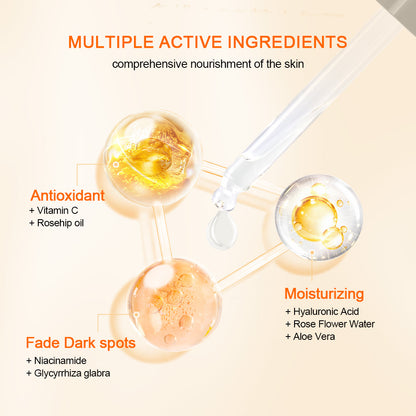 Ilustrácia zobrazujúca aktívne zložky v Neutriherbs Vitamin C + Hyaluronic Acid Serum. Vitamín C a šípkový olej poskytujú antioxidačnú ochranu, kyselina hyalurónová, ružová voda a aloe vera hydratujú pokožku, zatiaľ čo niacínamid a sladké drievko pomáhajú znižovať pigmentové škvrny a prispievajú k rovnomernejšiemu tónu pleti.